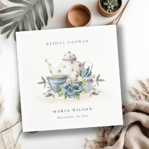 Servilleta De Papel Tetera y tazas azules acuáticas florales lindas pa