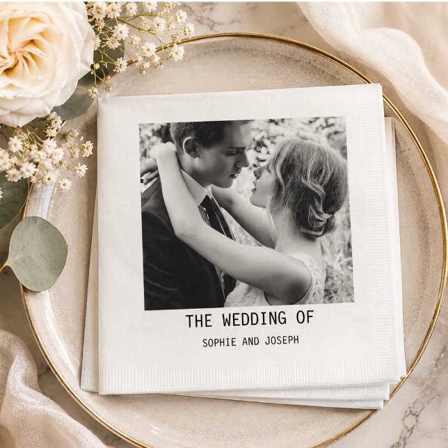 Servilleta De Papel Texto y foto simples y elegantes | Código QR Boda (Simple Elegant Text & Photo | QR Code Wedding Napkins)