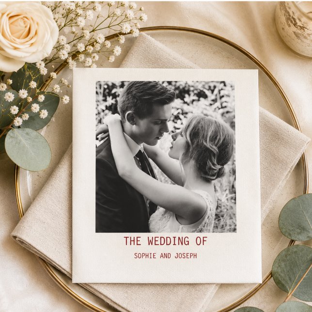 Servilleta De Papel Texto y foto simples y elegantes | Código QR Boda (Simple Elegant Text & Photo | QR Code Wedding Napkins)