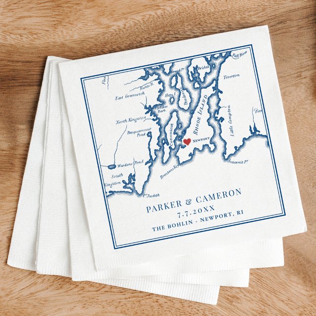 Servilleta De Papel The Bohlin Wedding Newport RI Map  (The Bohlin Wedding Cocktail Napkins Newport Yachting Center Narragansett Bay Coastal Map Designs)