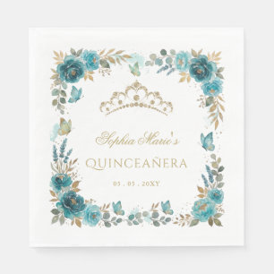 Servilleta De Papel Tiara de oro azul verdoso mariposa floral Quinceañ