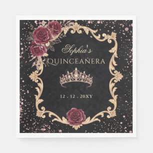 Servilleta De Papel Tiara de oro rosa roja floral negra Foto Quinceane