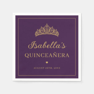 Servilleta De Papel Tiara Elegante de Oro y Púrpura para Quinceañera