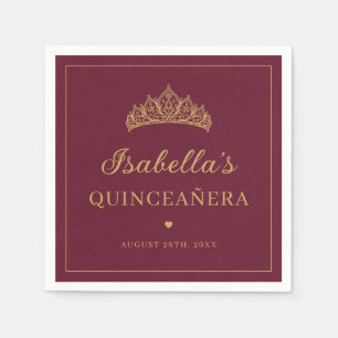 Servilleta De Papel Tiara Elegante de Oro y Rojo para Quinceañera