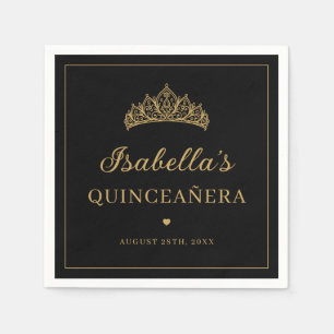 Servilleta De Papel Tiara Elegante de Quinceañera de Oro y Negro