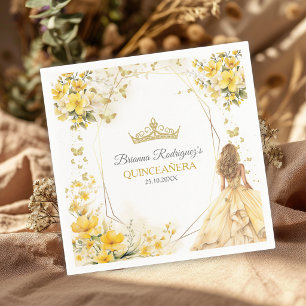 Servilleta De Papel Tiara Floral Mariposas Amarillo Dorado Quinceañera