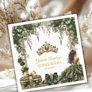 Servilleta De Papel Tiara Floral Quinceañera Verde Esmeralda Dorada