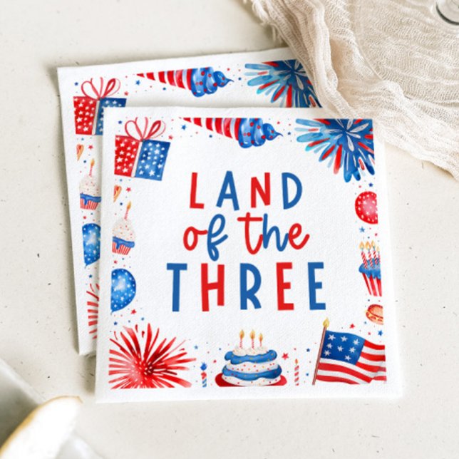 Servilleta De Papel Tierra de los Tres Fiestas del 3 de julio (Land Of The Three 4th of July 3rd Birthday Party Paper Dinner Napkins)