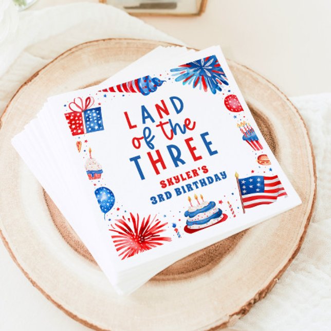 Servilleta De Papel Tierra de los Tres Fiestas del 3 de julio (Land Of The Three 4th of July 3rd Birthday Party Paper Dinner Napkins)