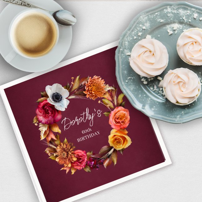 Servilleta De Papel Tierra Tone Burgundy Cae Flores 60 cumpleaños (A personalized 80th birthday napkin adds a special touch to your table!)