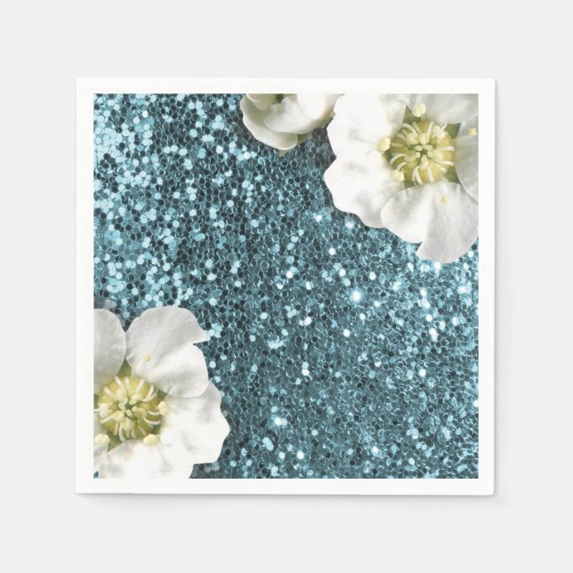 Servilleta De Papel Tiffany Aqua Beach Blue Jasmine Purpurina Sequin (Anverso)