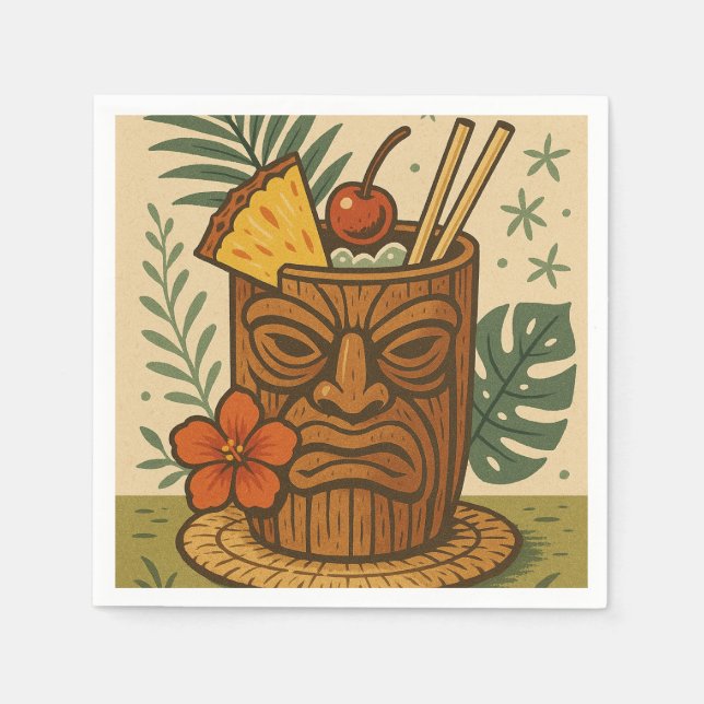 Servilleta De Papel Tiki Tropical Retro Bebe Luau Hawaiano Cumpleaños (Anverso)