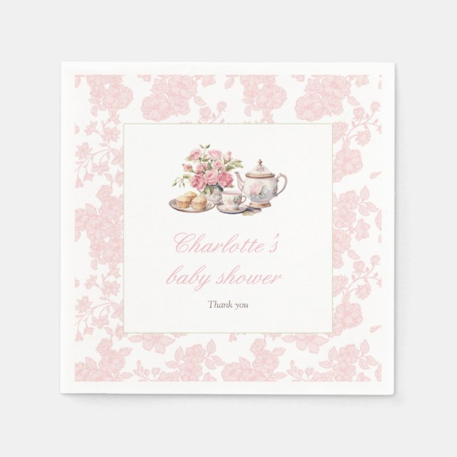 Servilleta De Papel Time for Tea Pink floral Toile Baby Shower  (Anverso)