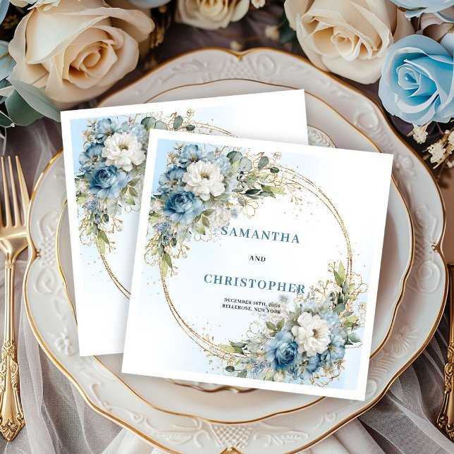 Servilleta De Papel Timeless Blue Floral Gold Wedding Napkins (Timeless Blue Floral Gold Wedding Napkins)