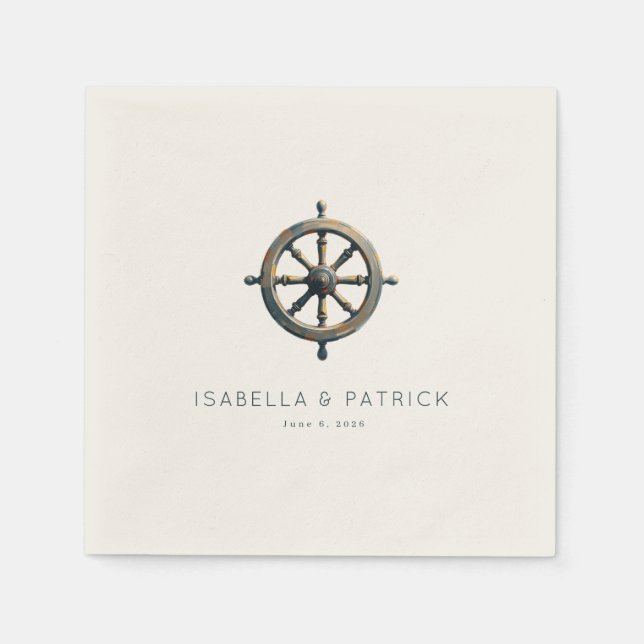 Servilleta De Papel Timón Náutico de Bronce Elegante (Anverso)