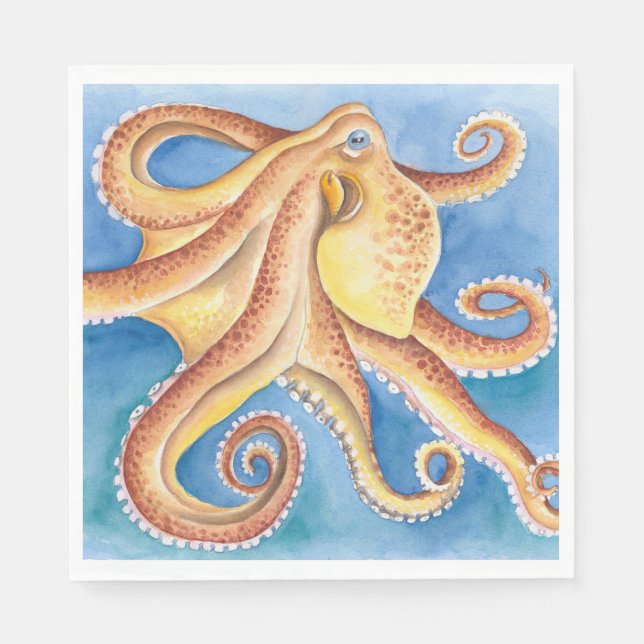 Servilleta De Papel Tinta acuarela de Octopus Rojo naranja (Anverso)