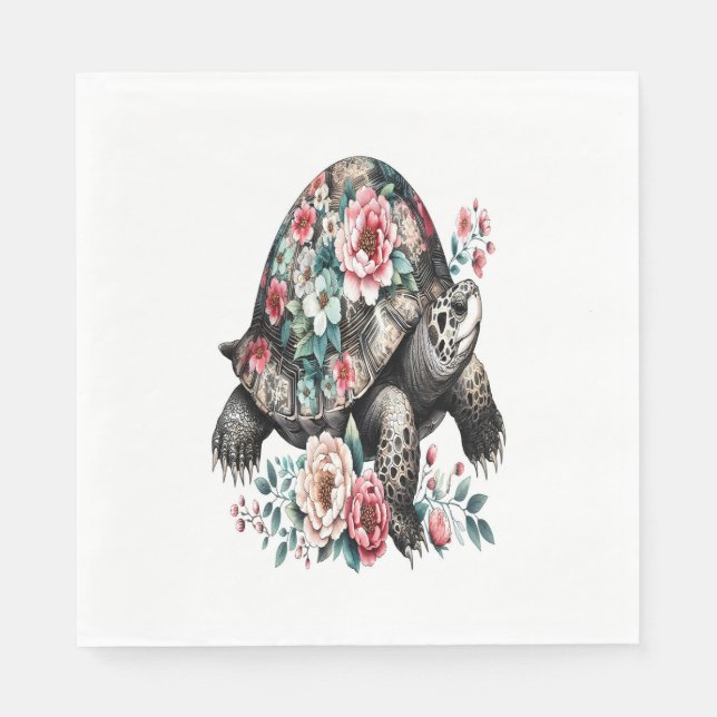 Servilleta De Papel Tinta y tortuga de lavado con caparazón floral. (Anverso)