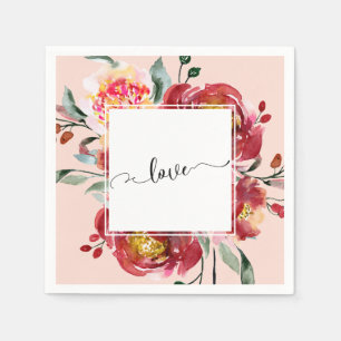 Servilleta De Papel Tipografía de amor sobre ramo floral rojo y rubor