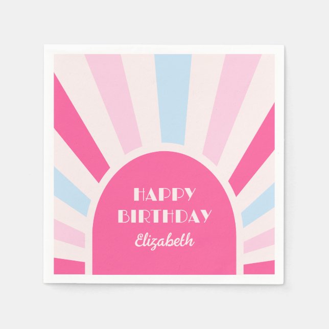 Servilleta De Papel Tipografía de arco retro Sunburst Cumpleaños Rosa (Anverso)