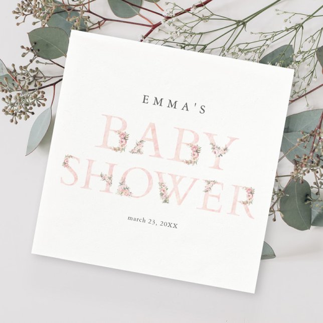 Servilleta De Papel Tipografía floral simple Baby Shower rosa (Elegant Pink Floral Typography Baby Shower Napkins.)
