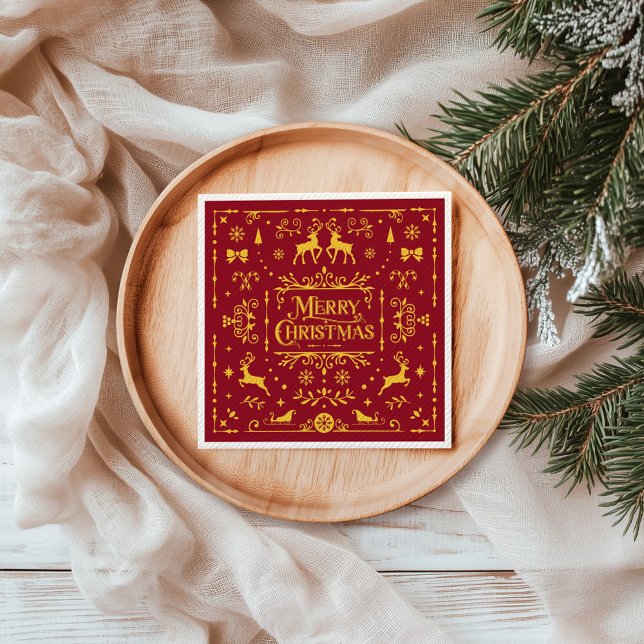 Servilleta De Papel Tipografía roja Feliz Navidad (Red Typography Merry Christmas Holiday Napkins)