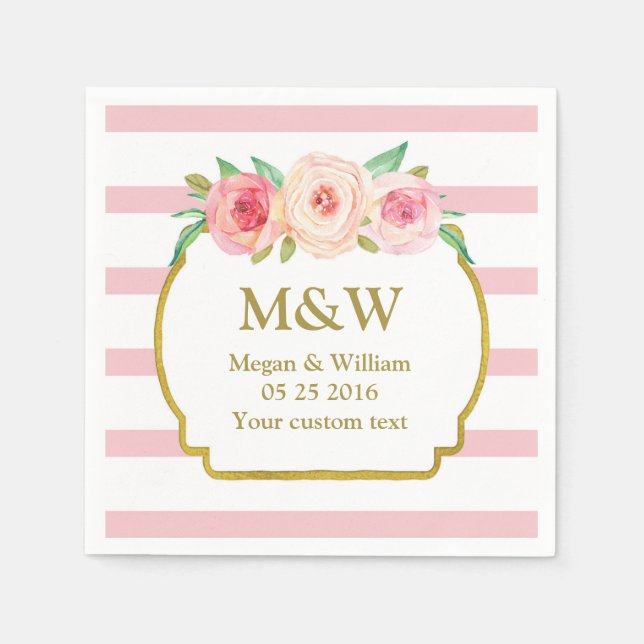 Servilleta De Papel Tiras rosadas Doradas Bodas Florales Rosa (Anverso)