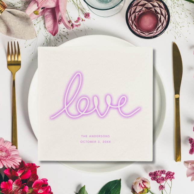 Servilleta De Papel Toallas de cóctel personalizadas Neon Love Purple (Personalized Cocktail Napkins Neon Love Purple Napkins Wedding)
