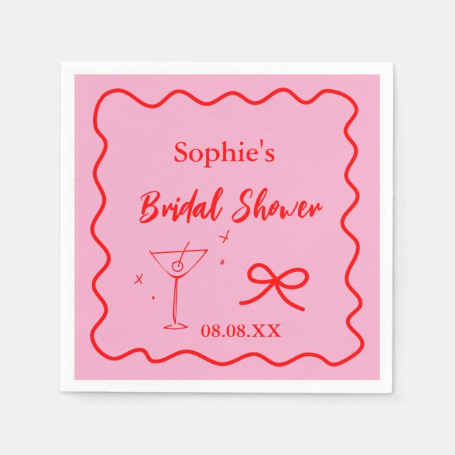 Servilleta De Papel Toallas De Cócteles Ondulados Rosa Y Rojo Retro (Anverso)