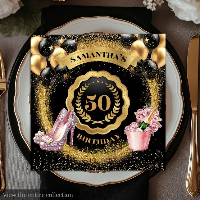 Servilleta De Papel Toallas de globos negros radiantes con tacones ros (Radiant Black Balloons Napkins with Pink Heels

)