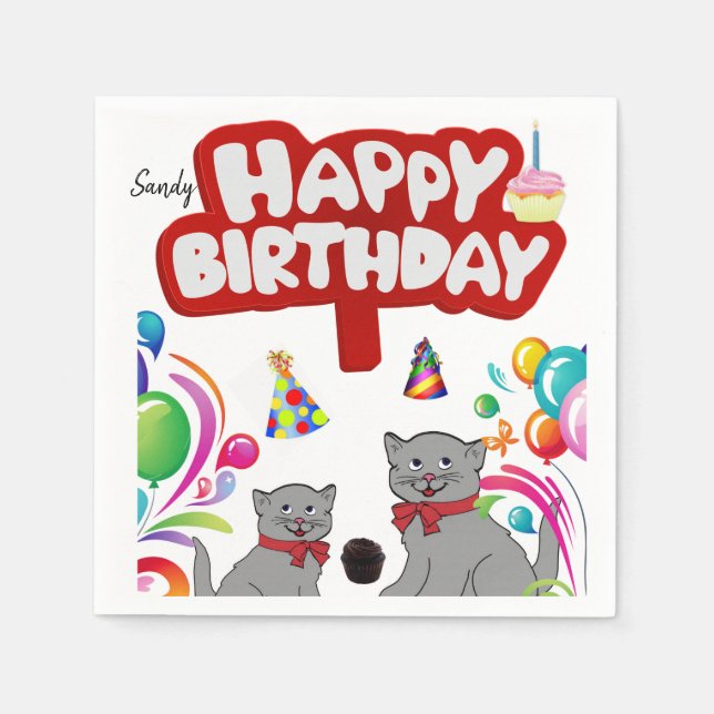 Servilleta De Papel Toallas de papel de cumpleaños, gatos felices (Anverso)