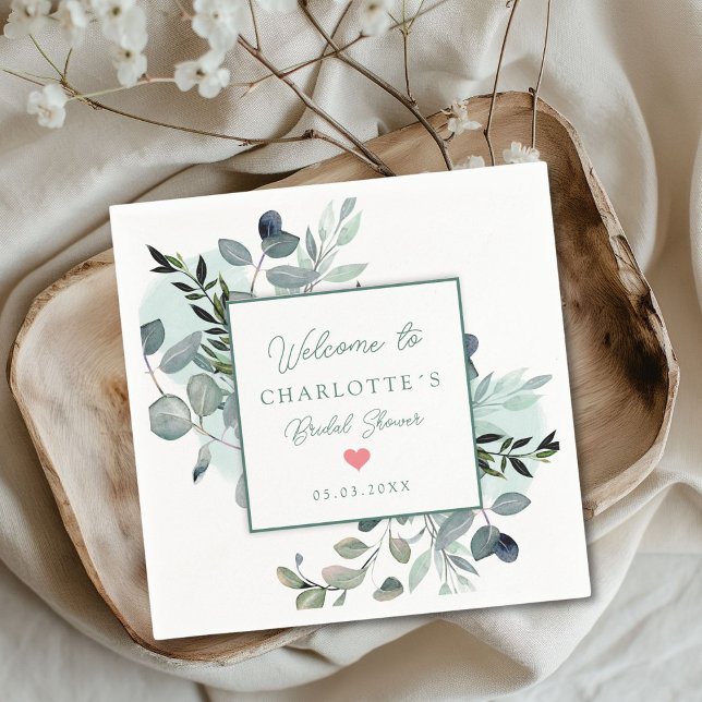Servilleta De Papel Toallas modernas y elegantes para la ducha de novi (Modern, elegant eucalyptus bridal shower napkins with your name and date.)