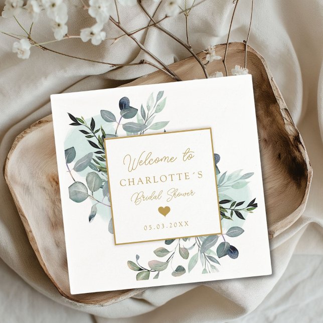 Servilleta De Papel Toallas modernas y elegantes para la ducha de novi (Modern, elegant eucalyptus bridal shower napkins with your name and date.)