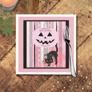 Servilleta De Papel Tocante calabaza de Halloween rosa y franjas negra