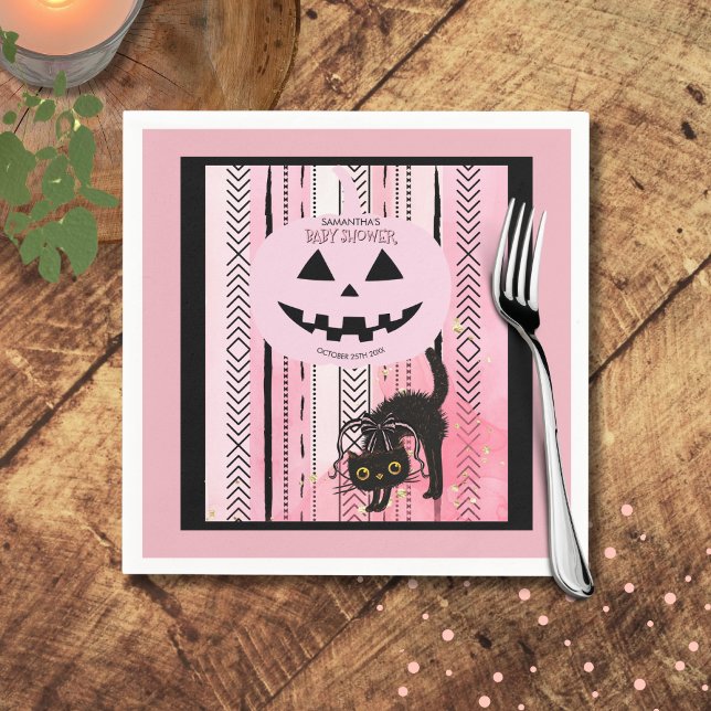 Servilleta De Papel Tocante calabaza de Halloween rosa y franjas negra (Spooky Halloween Pink and Black Stripes Pumpkin Napkins)