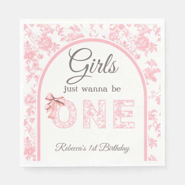 Servilleta De Papel Toile Coquette Pink Bow Chica Primer Cumpleaños (Anverso)