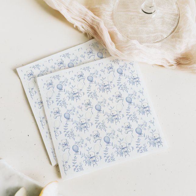 Servilleta De Papel Toile De Jouy Teddy Bear Dusty Blue Baby Shower (Subido por el creador)