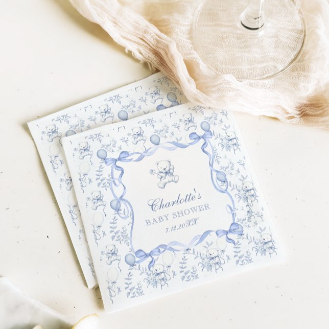 Servilleta De Papel Toile De Jouy Teddy Bear Dusty Blue Baby Shower (Subido por el creador)