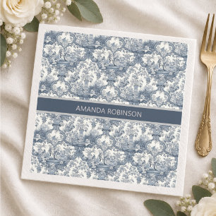 Servilleta De Papel Toile Floral Damasco Monograma Azul Vintage