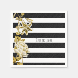 Servilleta De Papel Tono dorado floral negro y blanco a rayas