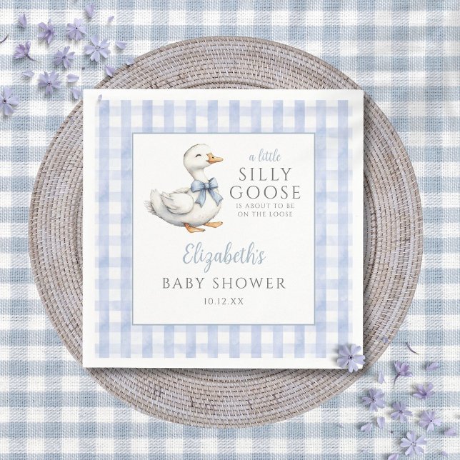 Servilleta De Papel Tonto Patoño Azul Baby Shower de Gingham (Silly Little Goose Blue Gingham Baby Shower Napkins)