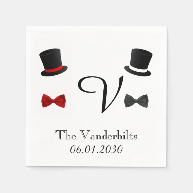 Servilleta De Papel Top Hats and Bow Ties Gay Monograma Boda (Anverso)