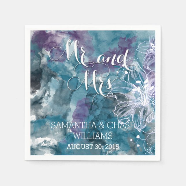 SERVILLETA DE PAPEL TORMENTA BLUE WATERCOLOR HIBISCUS BODA (Anverso)