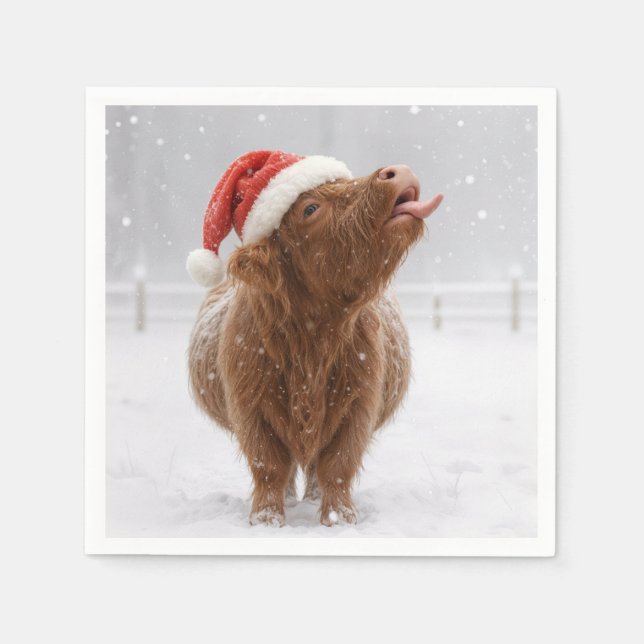Servilleta De Papel Toro de las Tierras Altas de Navidad atrapando cop (Anverso)