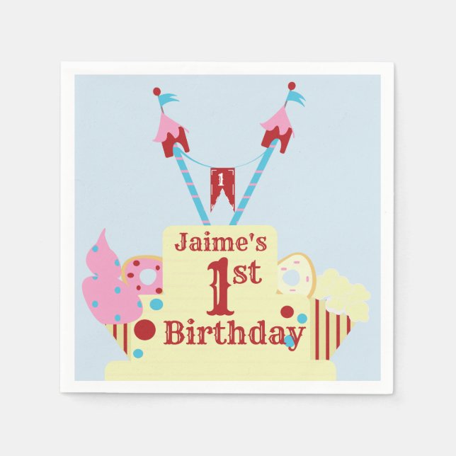 Servilleta De Papel Torta de Carnaval de Circo Cumpleaños 1 Año Cualqu (Anverso)