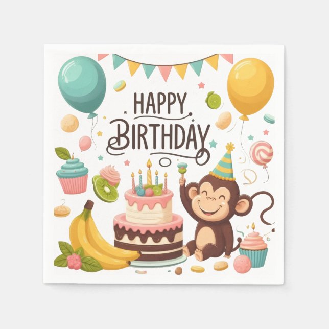 Servilleta De Papel Torta De Cumpleaños De Mono Lindo Feliz Cumpleaños (Anverso)