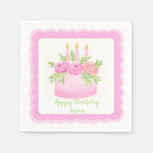 Servilleta De Papel Torta Floral Acuarela FELIZ CUMPLEAÑOS Nombre
