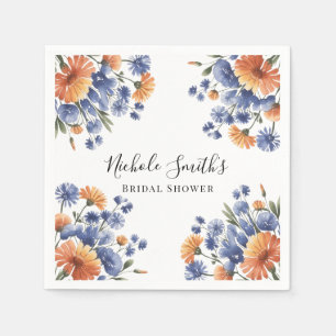 Servilleta De Papel Torta Nupcial Floral Naranja y Azul Cobalto