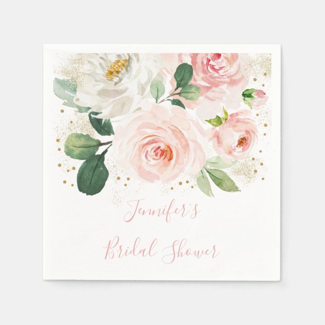 Servilleta De Papel Torta Nupcial Floral Rosa Dorado (Anverso)