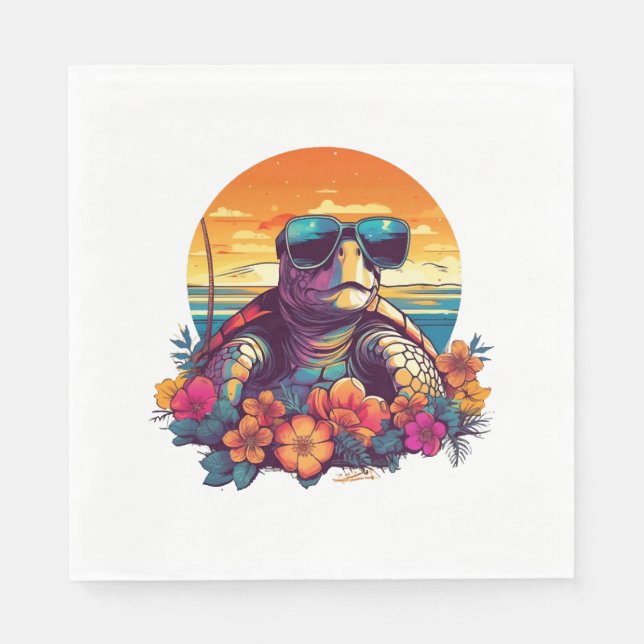 Servilleta De Papel Tortuga con gafas de sol en la playa (Anverso)