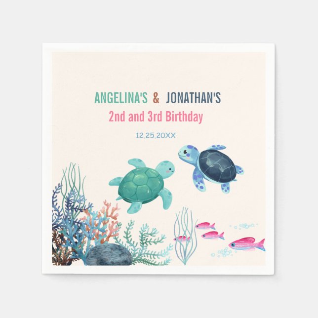 Servilleta De Papel Tortuga Cuta Bajo El Mar Cumpleaños Conjunto (Anverso)